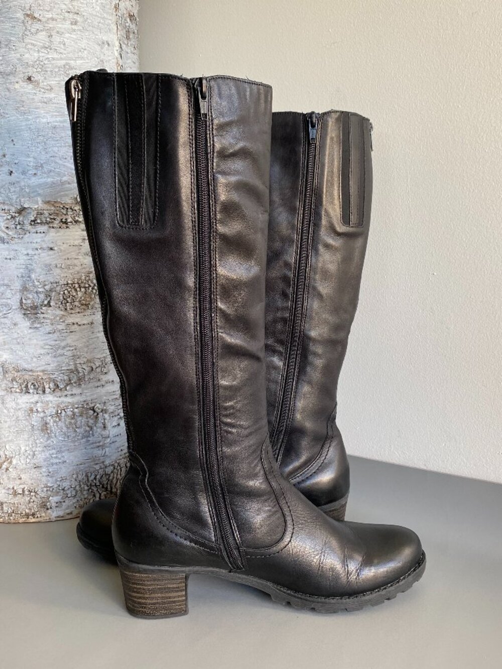 Remonte Tall Leather Black Boots Dual Zip Expandable Calf Sz 41-Fits 9.5